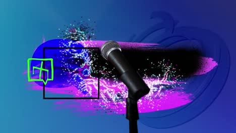 Animation-of-microphone-over-geometrical-neon-shapes-on-dark-background