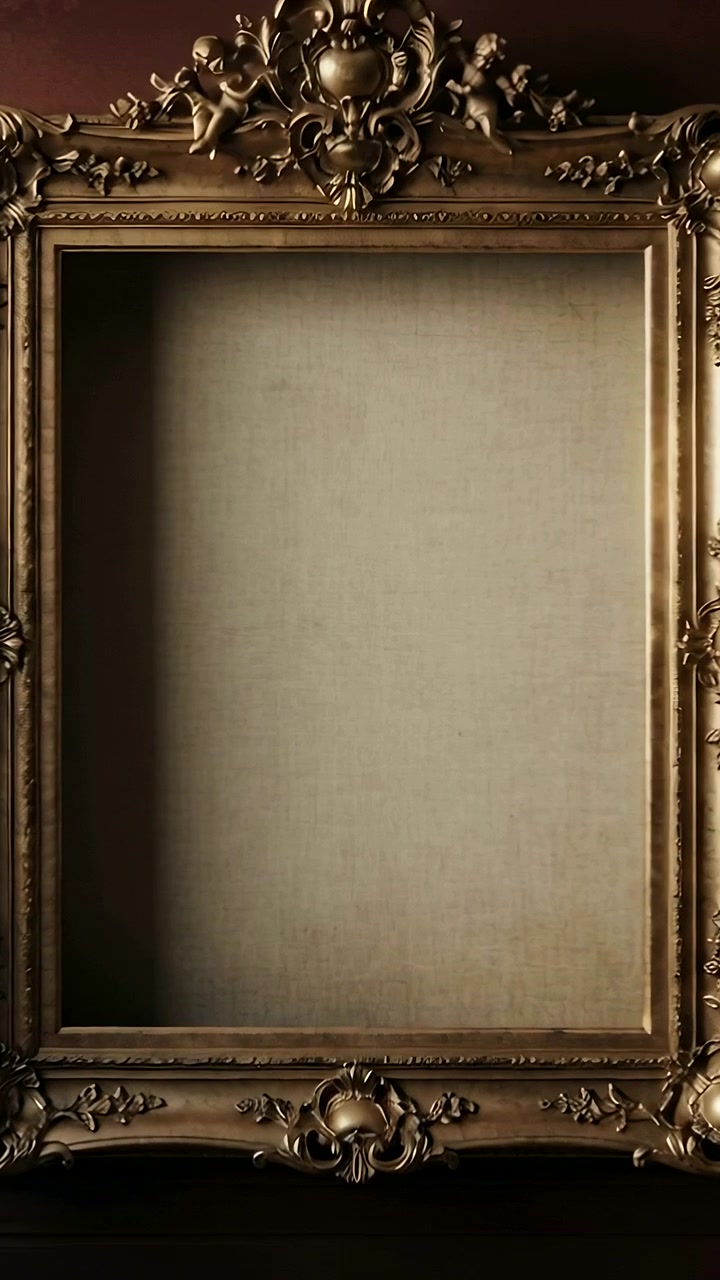 Verticale video: Camera zwenkt om een gouden lijst in de salon te onthullen, waarbij een verouderd schilderij met cherubijnen op een plank zichtbaar wordt.