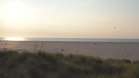 Filmische-Drone---Luftaufnahme-Des-Grünen-Und-Sandigen-Naturstrandes-Bei-Sonnenuntergang-Mit-Touristen-Und-Menschen-Beim-Buggykiten-In-Zeeland-An-Der-Nordsee,-Niederlande,-25p