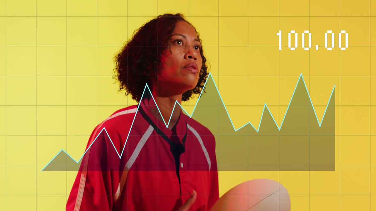 animación del procesamiento de datos sobre una jugadora de rugby en fondo de neón