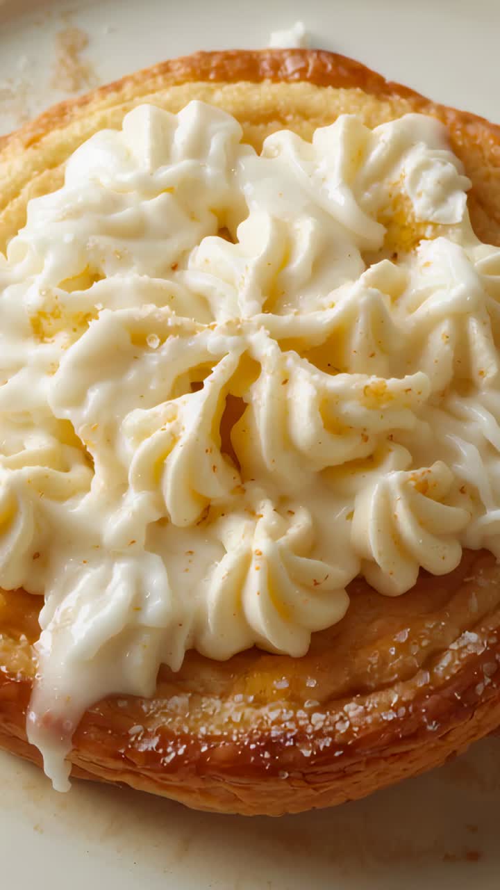Vertical video: Moving camera filming glazed pastry showing cream swirls, sugar dust on white plate