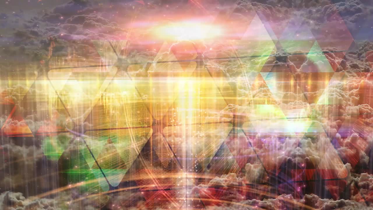 paisaje de nubes futurista con rayos de luz arco iris y caos geométrico - animación de fondo de movimiento de bucle sin fisuras de 4k
