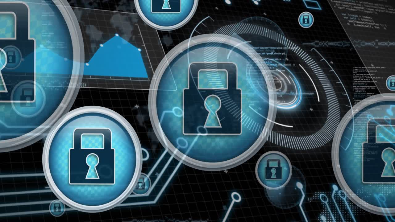 animación de iconos digitales y procesamiento de datos en la interfaz