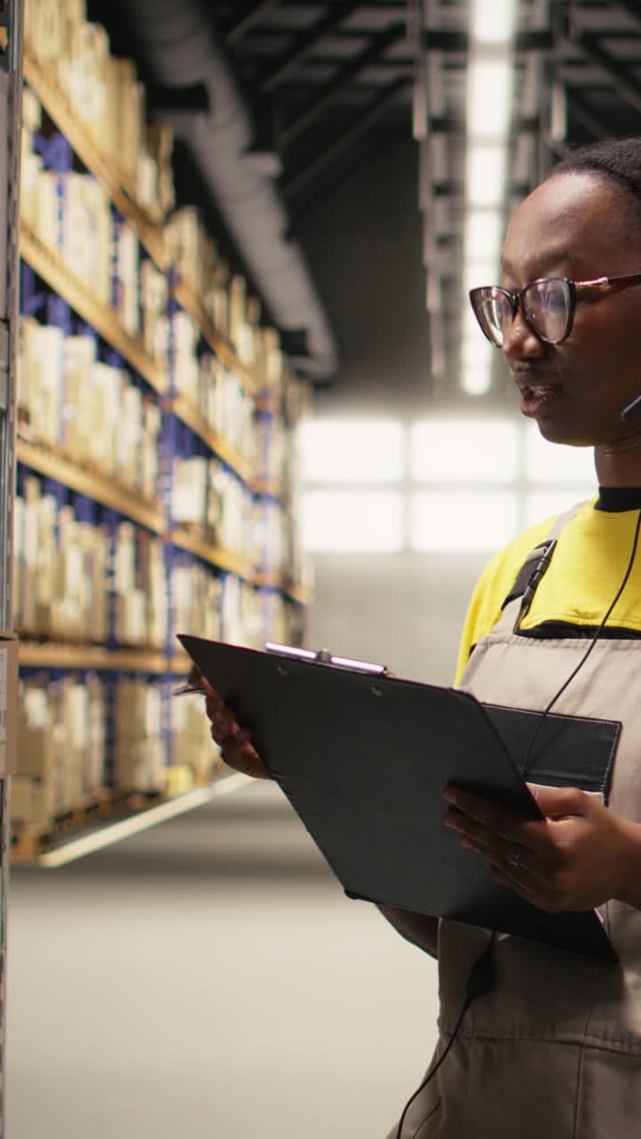 Vertical Video Black female staff answering a customer service call in a logistics hub