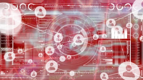 animación de la red de iconos de perfil sobre la interfaz con procesamiento de datos contra un fondo rojo
