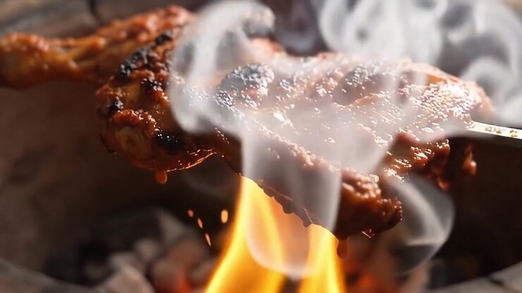 Pollo marinato piccante alla griglia su fiamma aperta di carbone