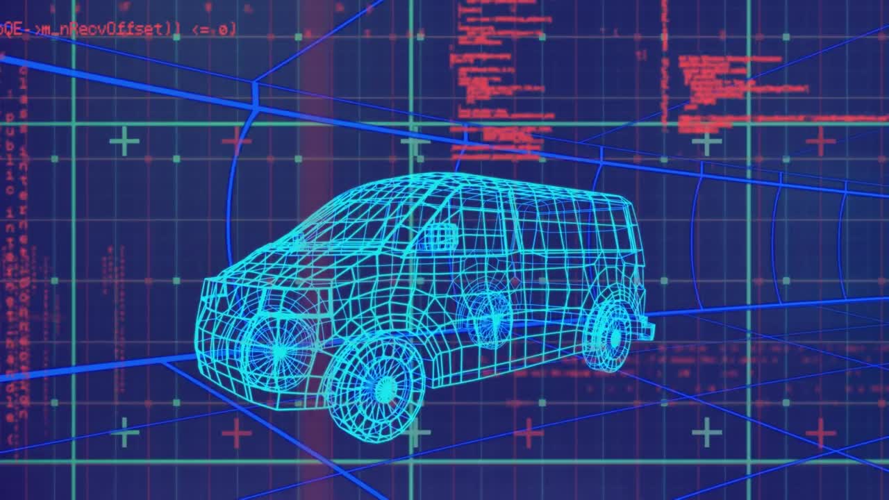 3d 자동차 모델에 대한 gird 네트워크를 통해 vhs 기밀 효과 및 데이터 처리의 애니메이션