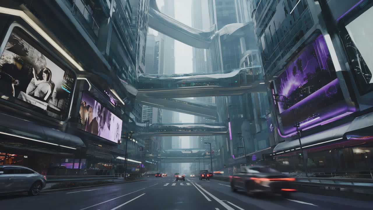 Futuristic Cityscape with Elevated Roadways and Advertisements