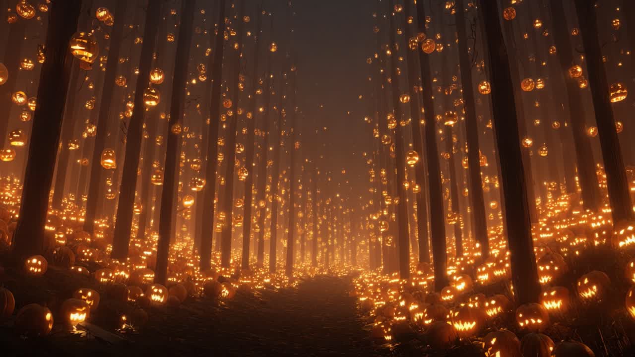 A Spooky Forest Displaying a Mesmerizing Array of Glowing Jack-o'-Lanterns Amidst Misty Trees, Creating an Enchanting Halloween Atmosphere with Eerie Shadows