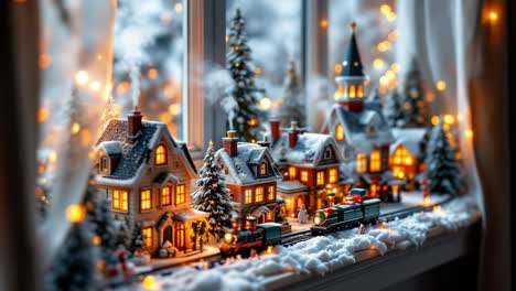 Cozy Christmas Village Miniature Scene with Toy Train