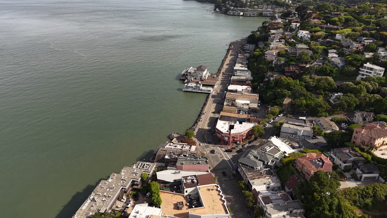 Aerial View of Sausalito, California USA, Boardwalk, Street Traffic and Bayfront Buildings