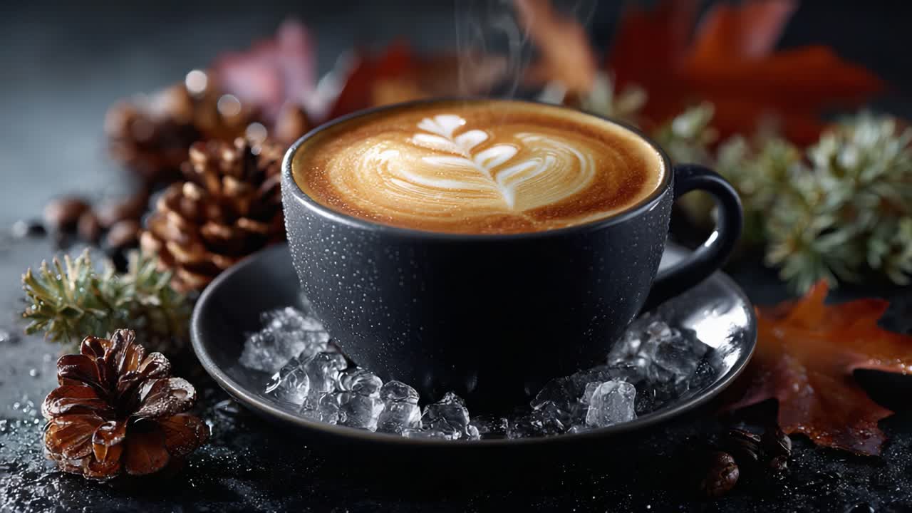 A Beautifully Crafted Coffee with Latte Art Surrounded by Seasonal Decor, Pinecones, and Ice, Highlighting the Cozy Vibes of Autumn's Warm Treats