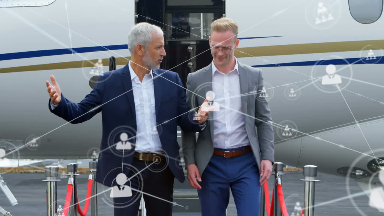 비행기와 사업가에 대한 연결 네트워크의 애니메이션