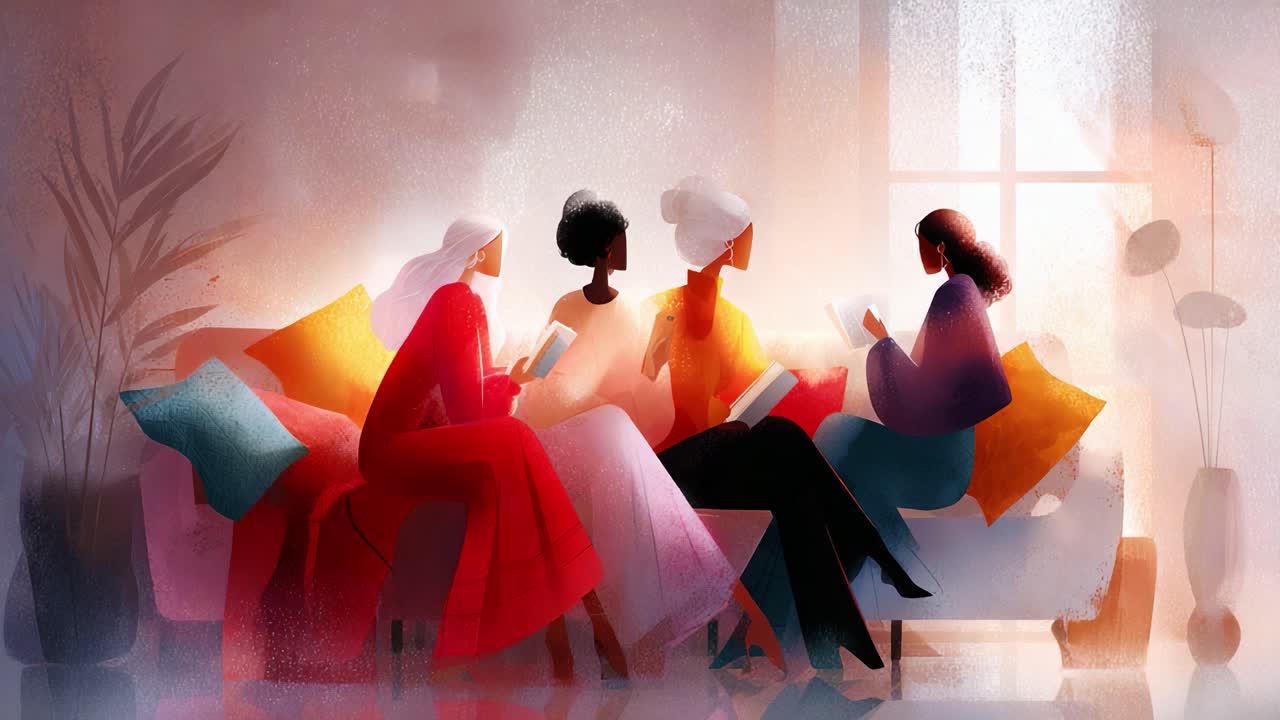 A Cozy Gathering of Friends Reading Together in a Softly Lit Room, Surrounded by Colorful Pillows and Gentle Natural Light, Engaging in Stories and Conversations