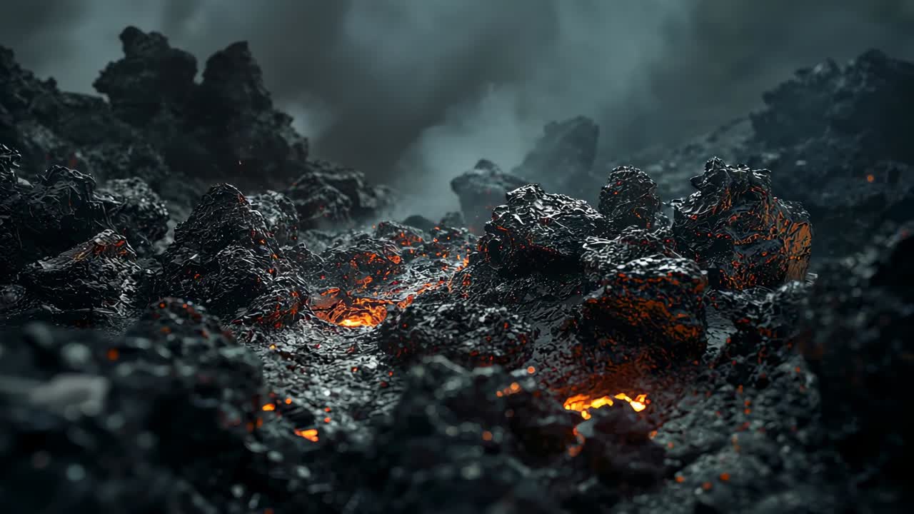 Clip starting showing camera moving across volcanic field revealing lava fissures and steam