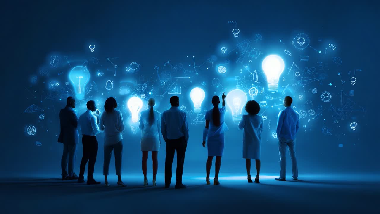 A Diverse Group of Individuals Illuminated by Creative Ideas and Innovations, Standing in Front of a Blue Backdrop with Glowing Light Bulbs and Digital Concepts Representing Inspiration