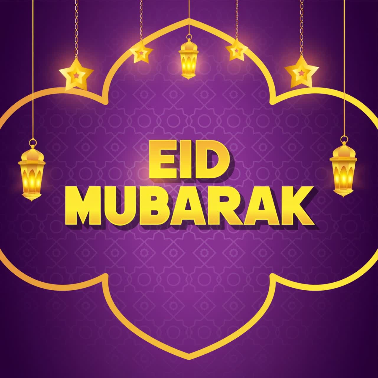 Animazione per post sui social media di auguri Eid Mubarak con cornice ornata e lanterne appese su sfondo viola sfumato