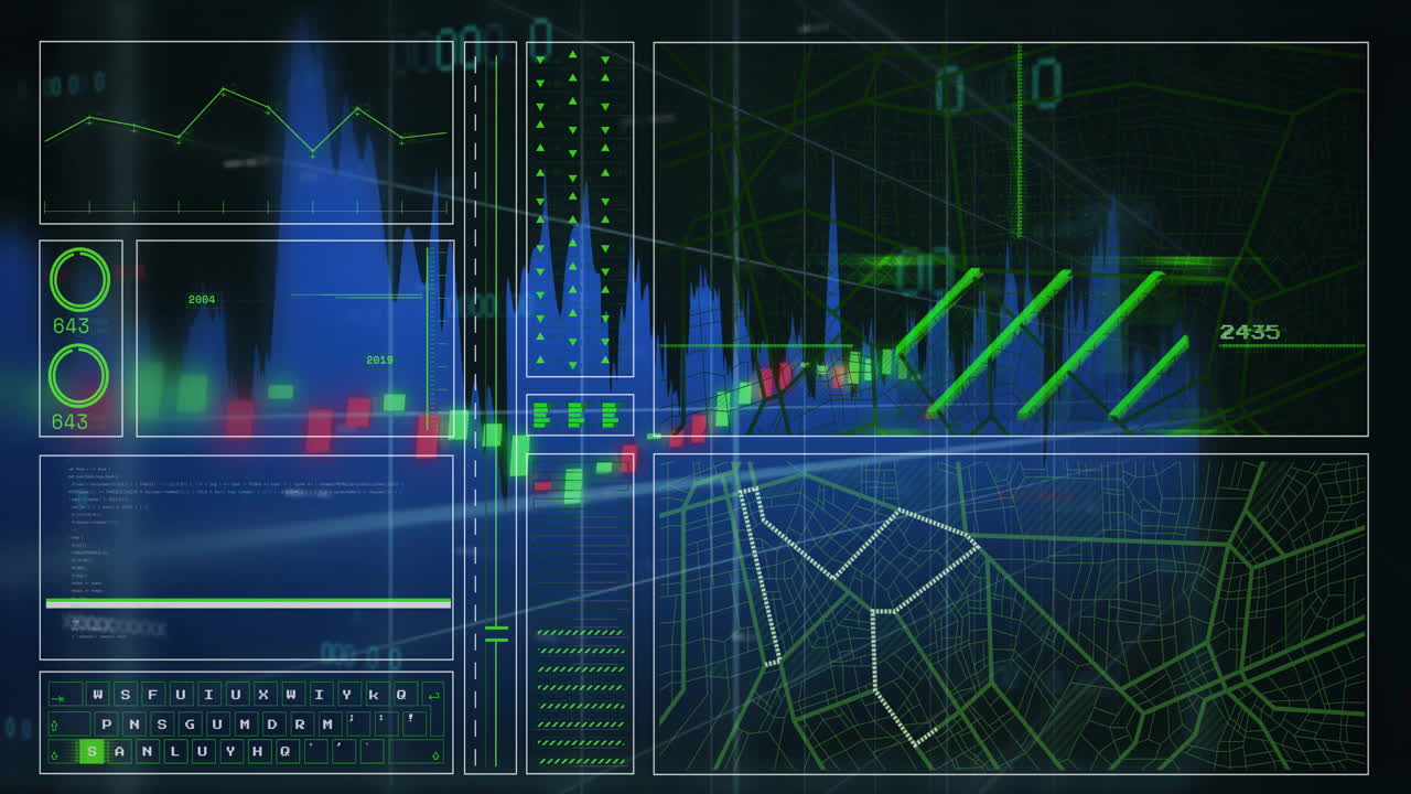 Financial data analysis with graphs and charts in digital interface animation