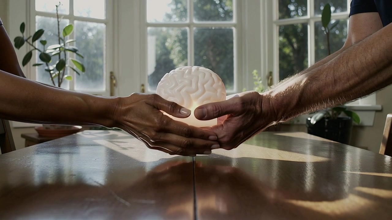 Reaching, adult hands lifting, lowering brain lamp onto wood table, right in dark tee
