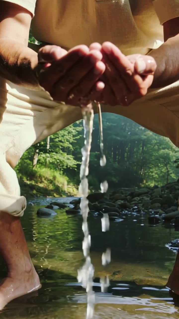 Video vertical: Hombre agachado recogiendo agua con las manos en un arroyo bajo el sol cálido, vistiendo una camiseta henley.