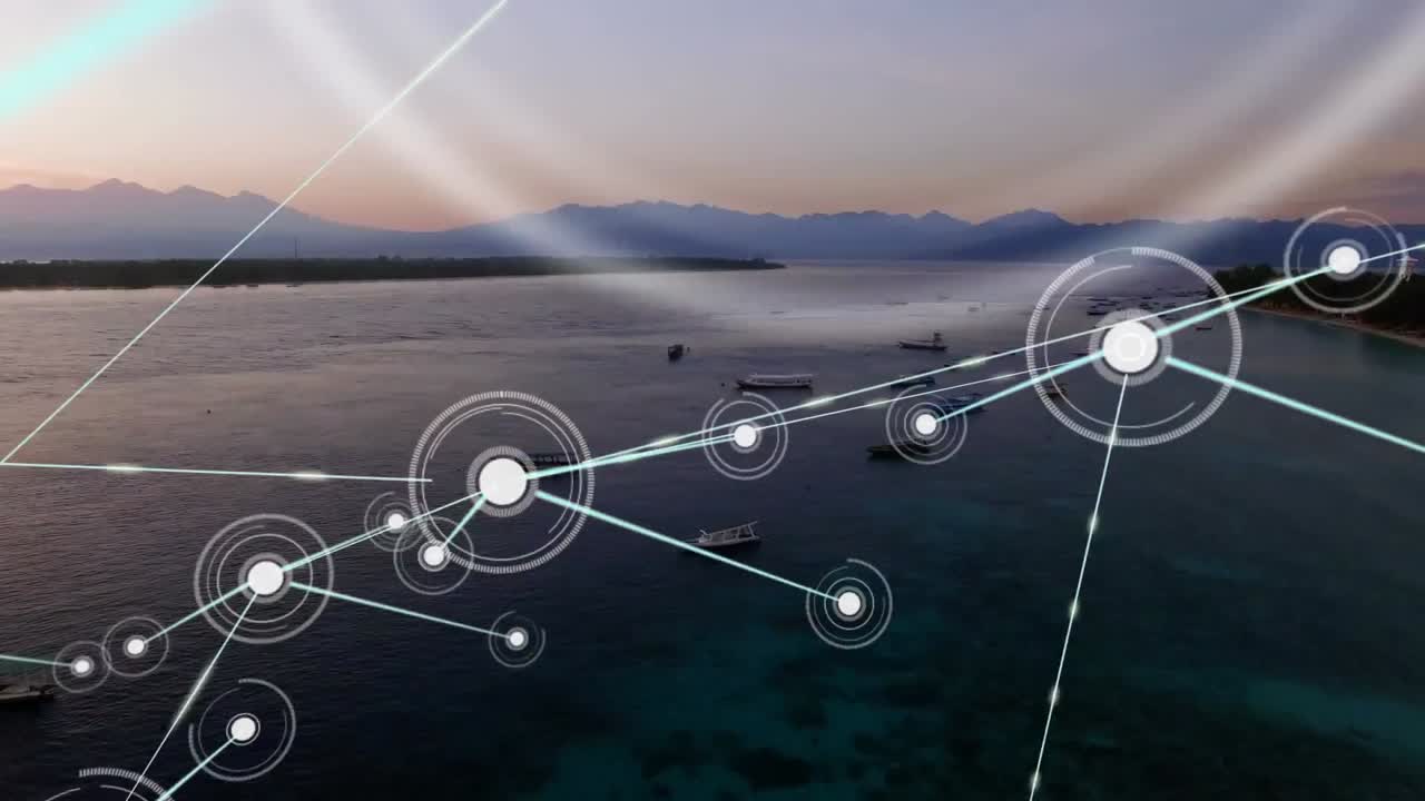 animación de la red de conexiones con iconos sobre el paisaje