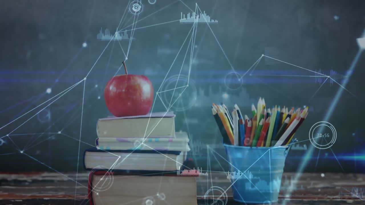 Animation of pile of books over a web of connections with data processing in the background