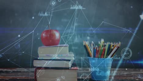 animación de pilas de libros a través de una red de conexiones con procesamiento de datos en el fondo