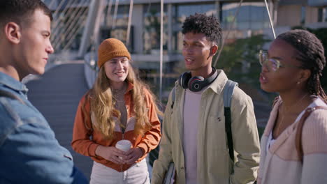 group of students talking on campus