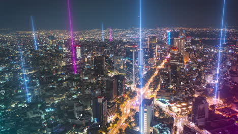 Fotografía-Aérea-Panorámica-Nocturna-Hiper-Lapso-De-Gran-Ciudad.-La-Computadora-Agregó-Efectos-Gráficos-Que-Resaltan-Las-Ubicaciones-Mediante-Líneas-Crecientes.-Ciudad-De-México