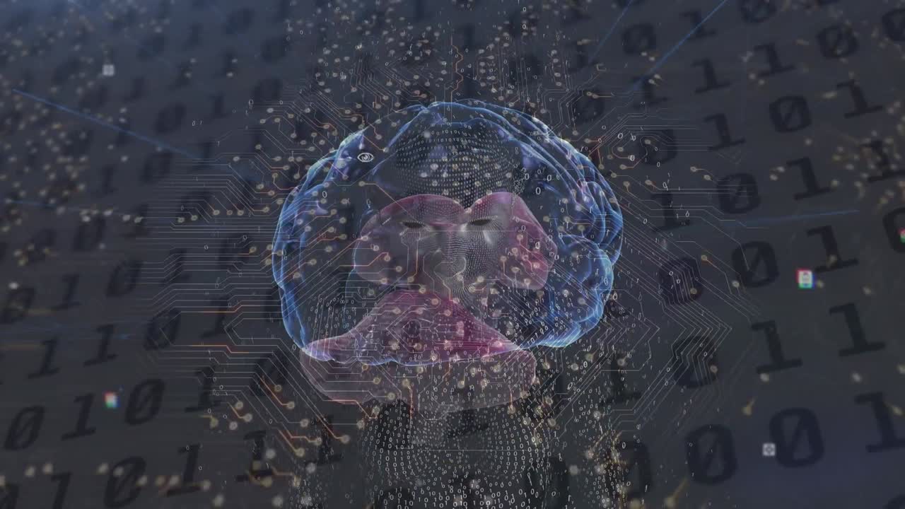 Animation of brain and integrated circuit over binary code