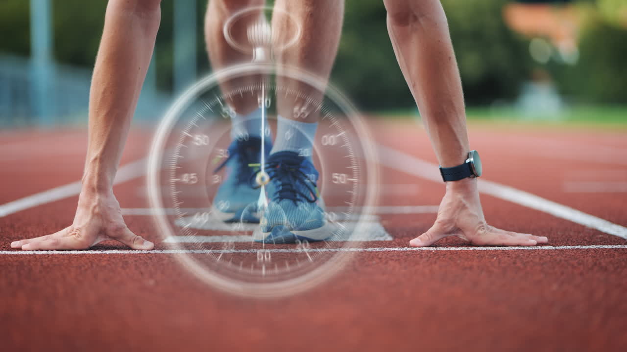 reloj de reloj delante del corredor profesional al comienzo de la carrera de atletismo con superposiciones digitales - en sus marcas, establecido