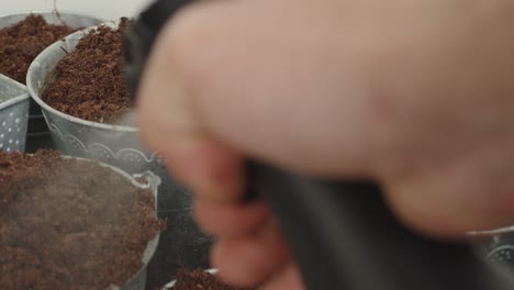 los cubos llenos de tierra se rocían con agua, asegurando la hidratación y la humedad adecuadas para el suelo interior