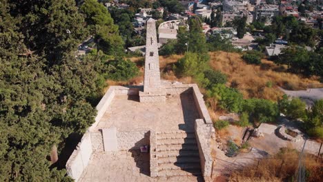 aerial view of a historic stone monument on a hill overlooking a city