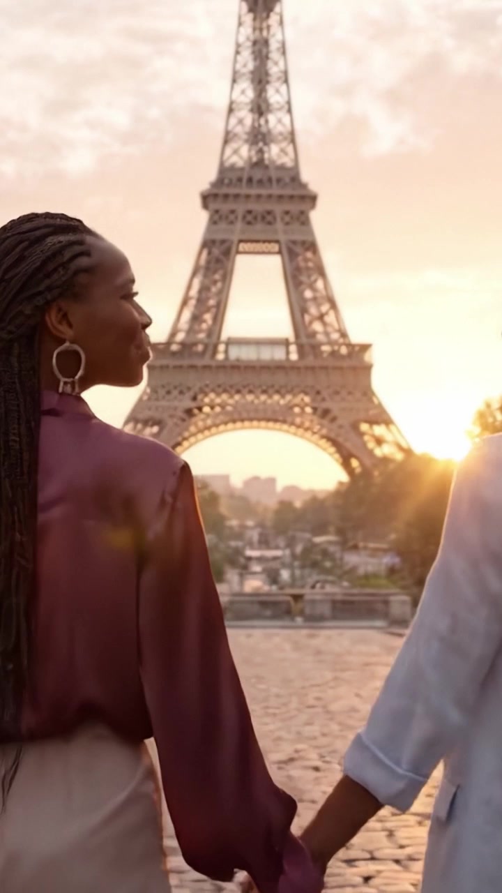 Due donne condividono un momento insieme, mano nella mano, con l'iconica Torre Eiffel sullo sfondo, crogiolandosi nel caldo bagliore del tramonto, celebrando l'amore e il legame.