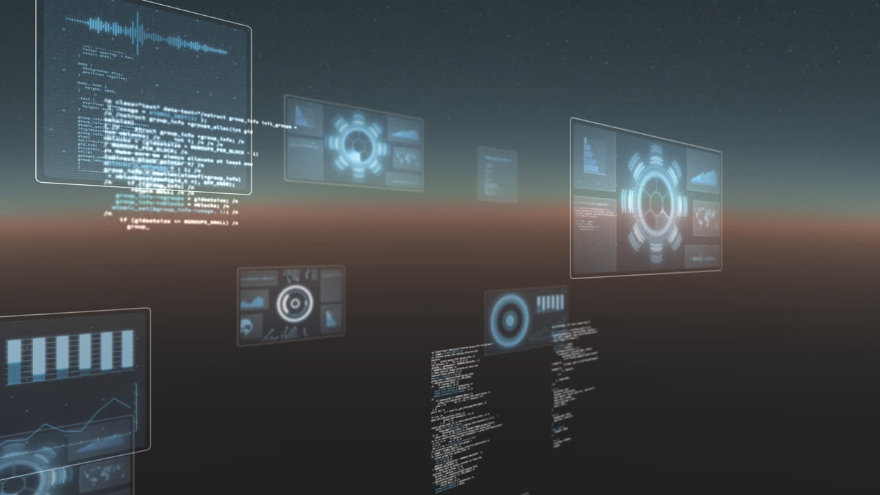 회색 배경에 대한 둥근 스캐너의 애니메이션과 데이터 처리