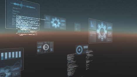 Animation of round scanners and data processing against grey background