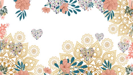 animation of hearts over floral pattern on white background