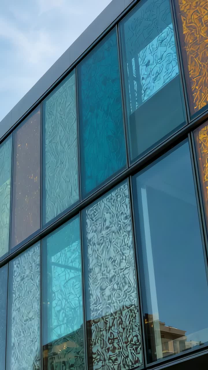 Vertical video: Tilting camera revealing glass panels on city facade to show panes and sky
