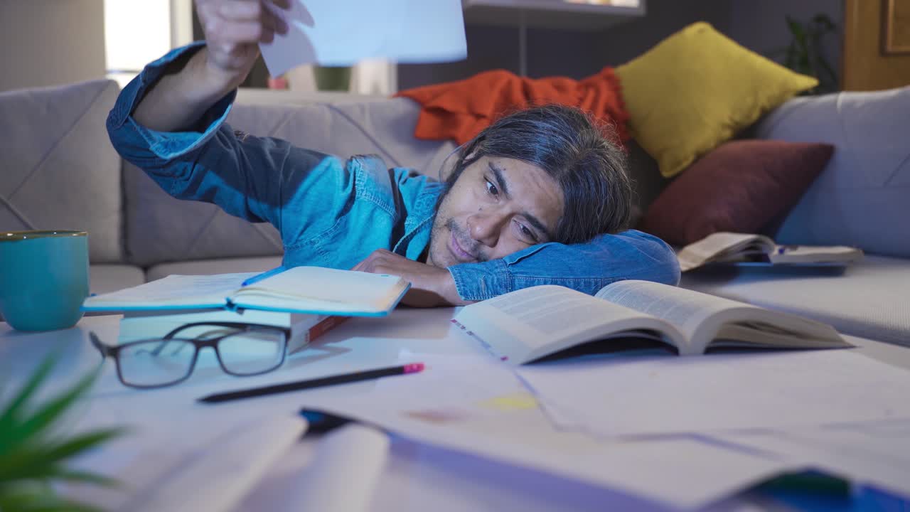Lazy businessman at home and sitting at the table instead of working.