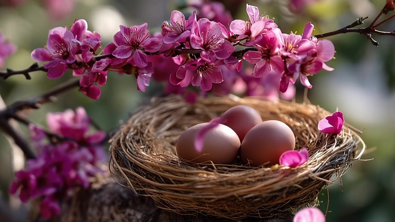 Nido di uccelli con uova sotto la caduta di fiori di ciliegio rosa.