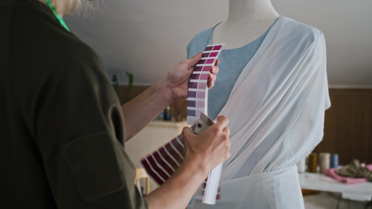 Tailor Choosing Fabric Color for Dress in Studio