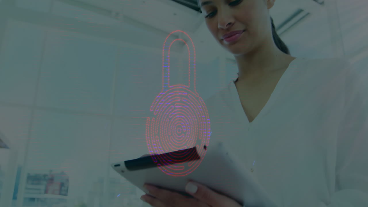 Holding tablet with digital fingerprint lock animation, woman focusing on screen