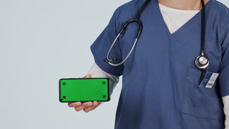 Enfermera,-Pantalla-Verde-Del-Teléfono-Y-Manos-Bien