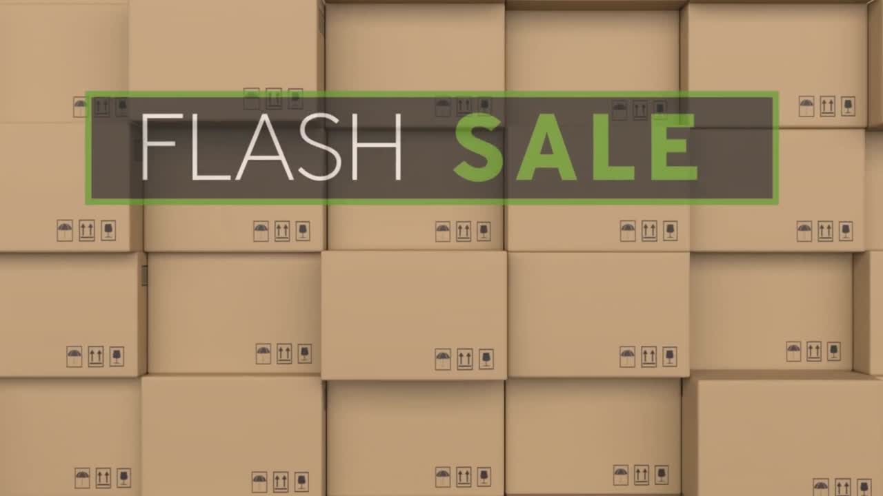 Flash sale text banner against stack of delivery boxes in background