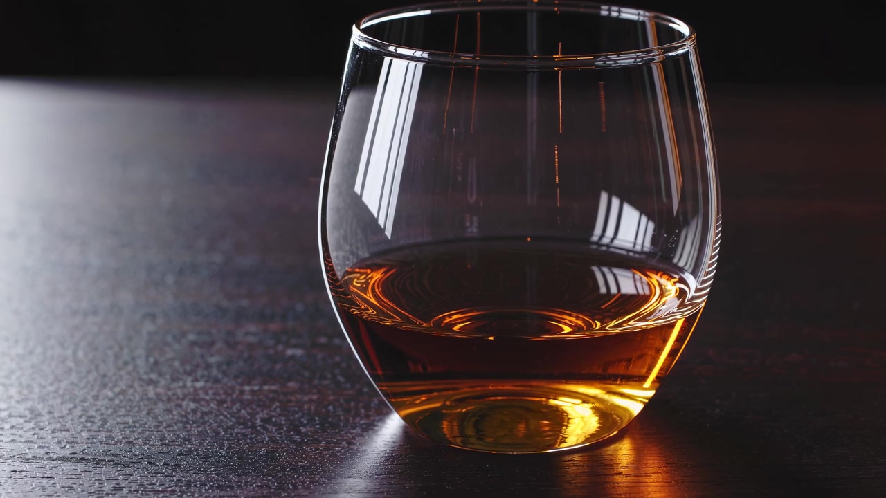 Primo piano di un elegante bicchiere di whisky su un tavolo scuro