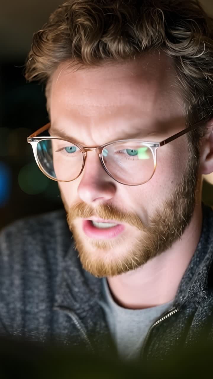 A Thoughtful Young Man Wearing Glasses Engaging with Technology in an Intimate Environment, Captured Through Two Frames Showing Concentration and Insight
