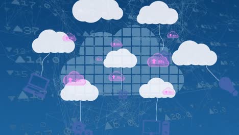 Animation-of-clouds-with-numbers-over-financial-background-on-blue-background