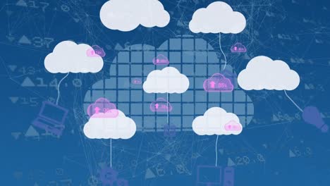 Animation of clouds with numbers over financial background on blue background