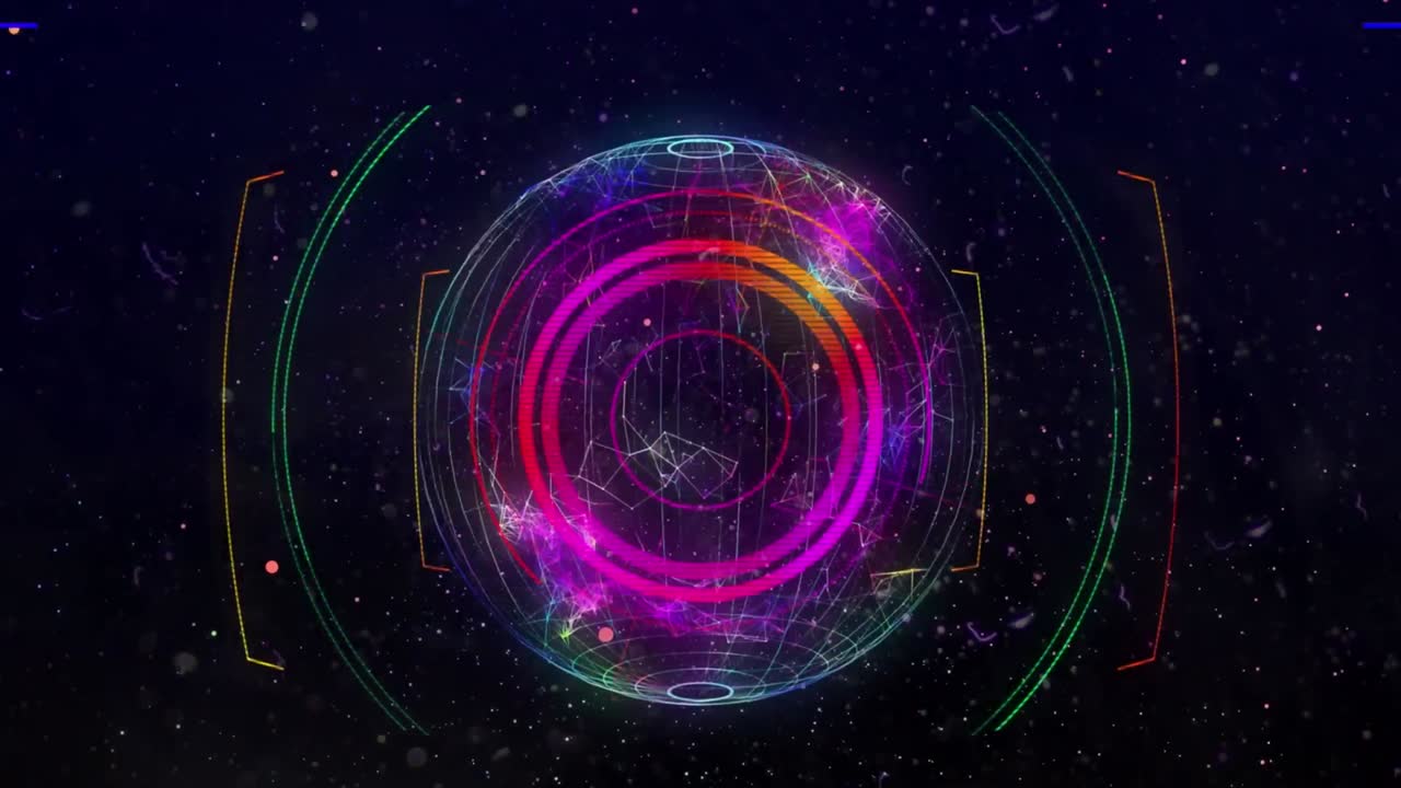 빨간색과 분홍색의 모양과 회전하는 지구 위의 다양한 그림의 애니메이션