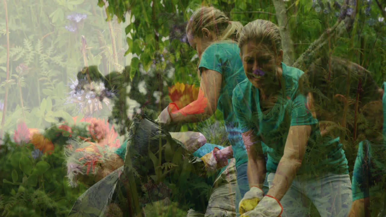 animación de flores sobre un grupo diverso de personas que recogen basura en el bosque